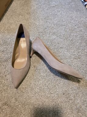 Stuart Weitzman Pointed-Toe Kitten Heel Pumps in Taupe Suede